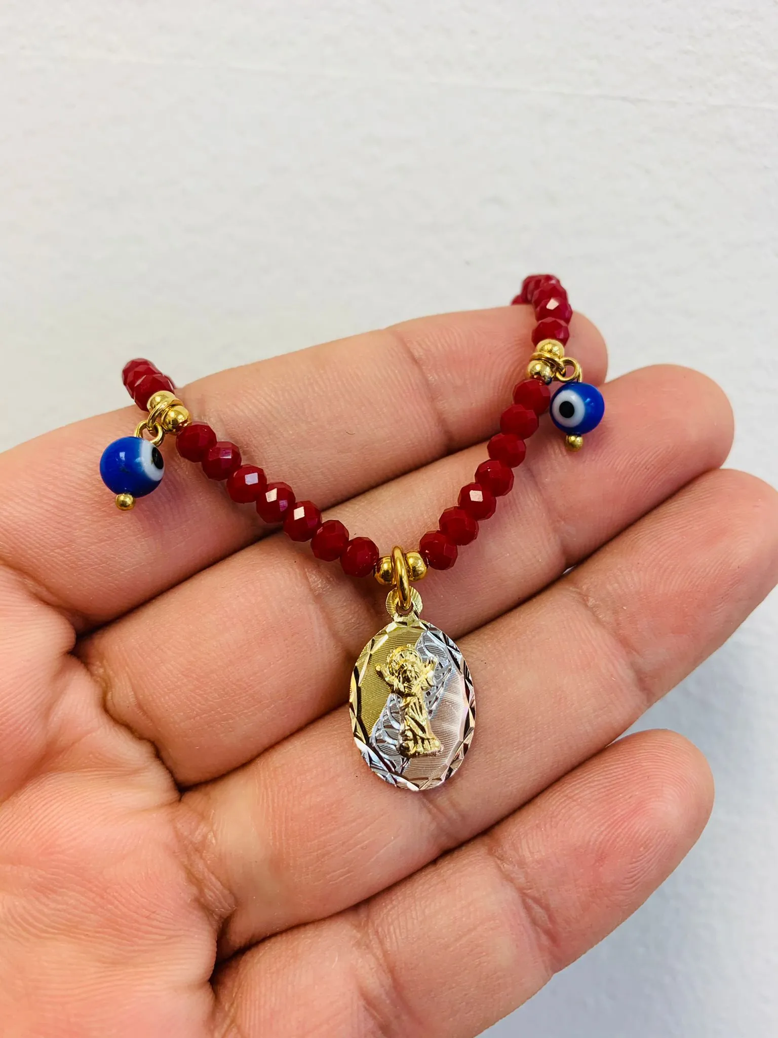 18K Gold Filled Divino Niño Bracelet for Kids Womens Ladies Boys Good Luck & Protection Jewelry Red Beads / Pulsera del Divino Niño en Oro Laminado Para Mujer y Niños para Buena Suerte