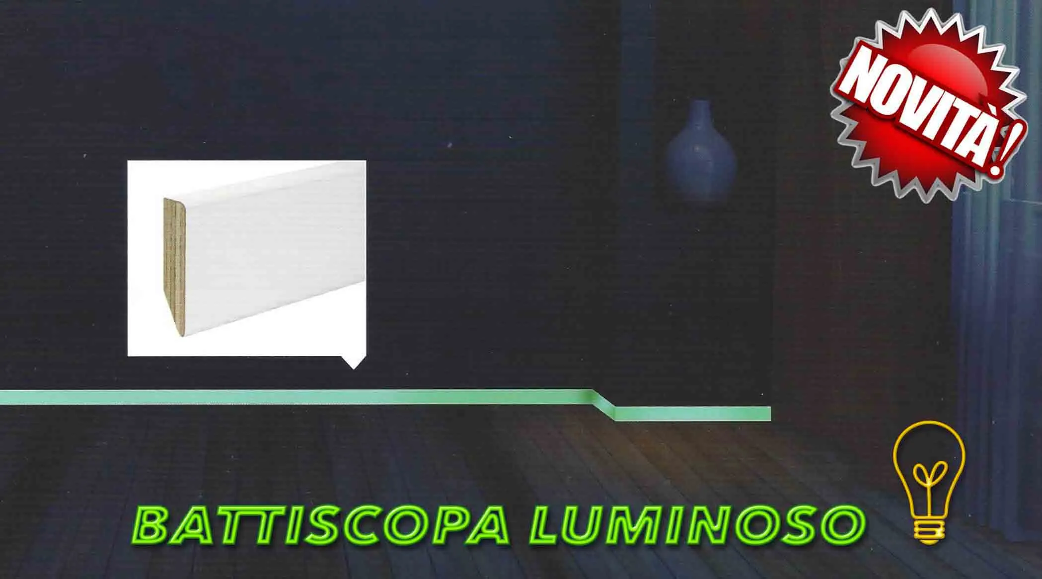 24 ML di Battiscopa "luminoso" autoilluminante in legno taglio quadro laccato bianco 80x13 , si accende di notte per indicare il cammino, grande effetto scenico sulle scale.