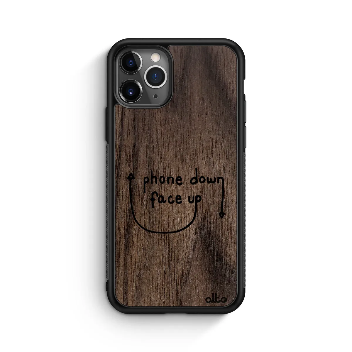 Apple iPhone 13, 12, 11 Wooden Case - Face Up Design | Walnut Wood |Lightweight, Hand Crafted, Carved Phone Case