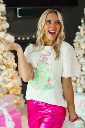 Christmas Tree on White T-Shirt with Velvet Sequin Sleeves