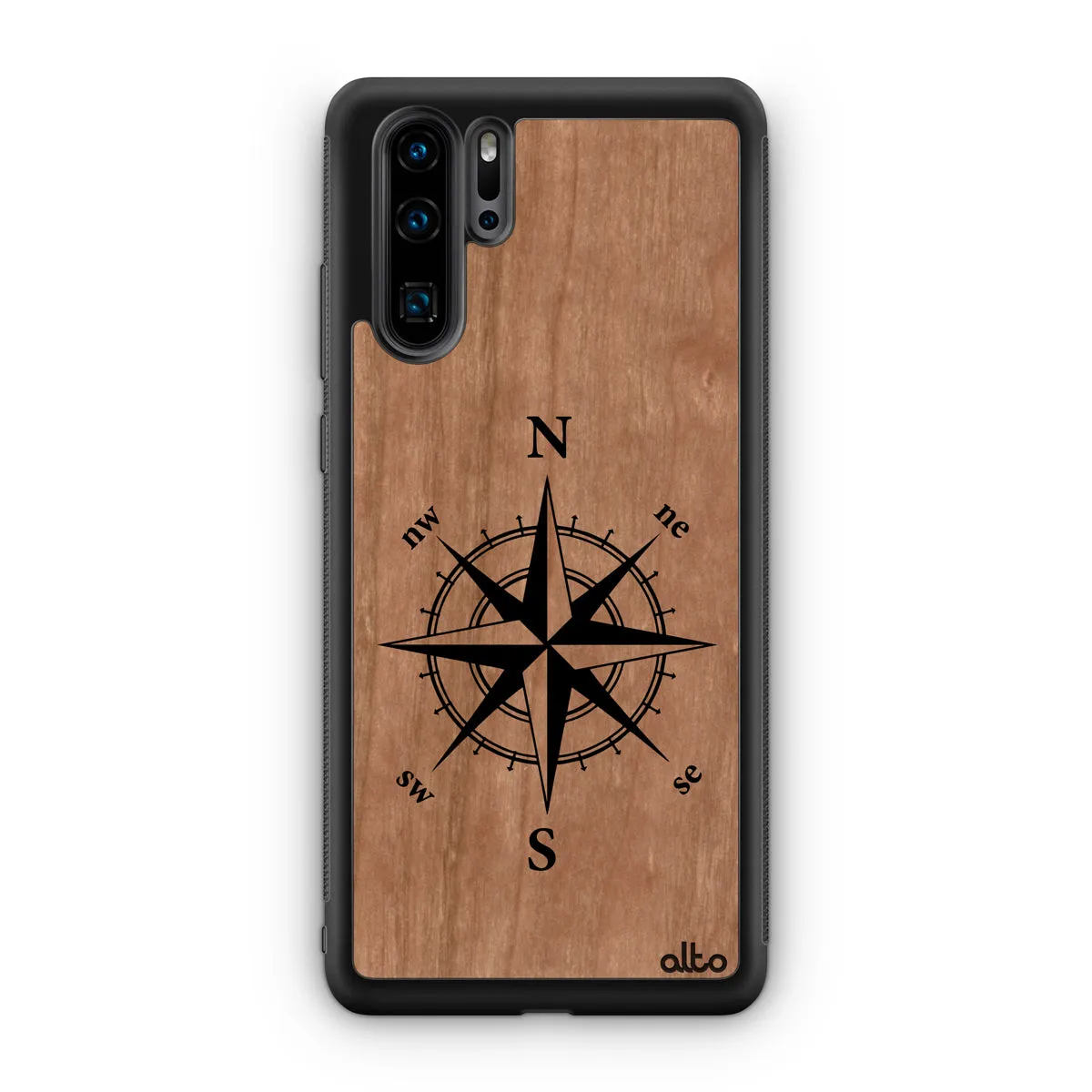 Huawei P40, P30 Pro, P30 Lite Wooden Case - Compass Design | Cherry Wood | Lightweight, Hand Crafted, Carved Phone Case