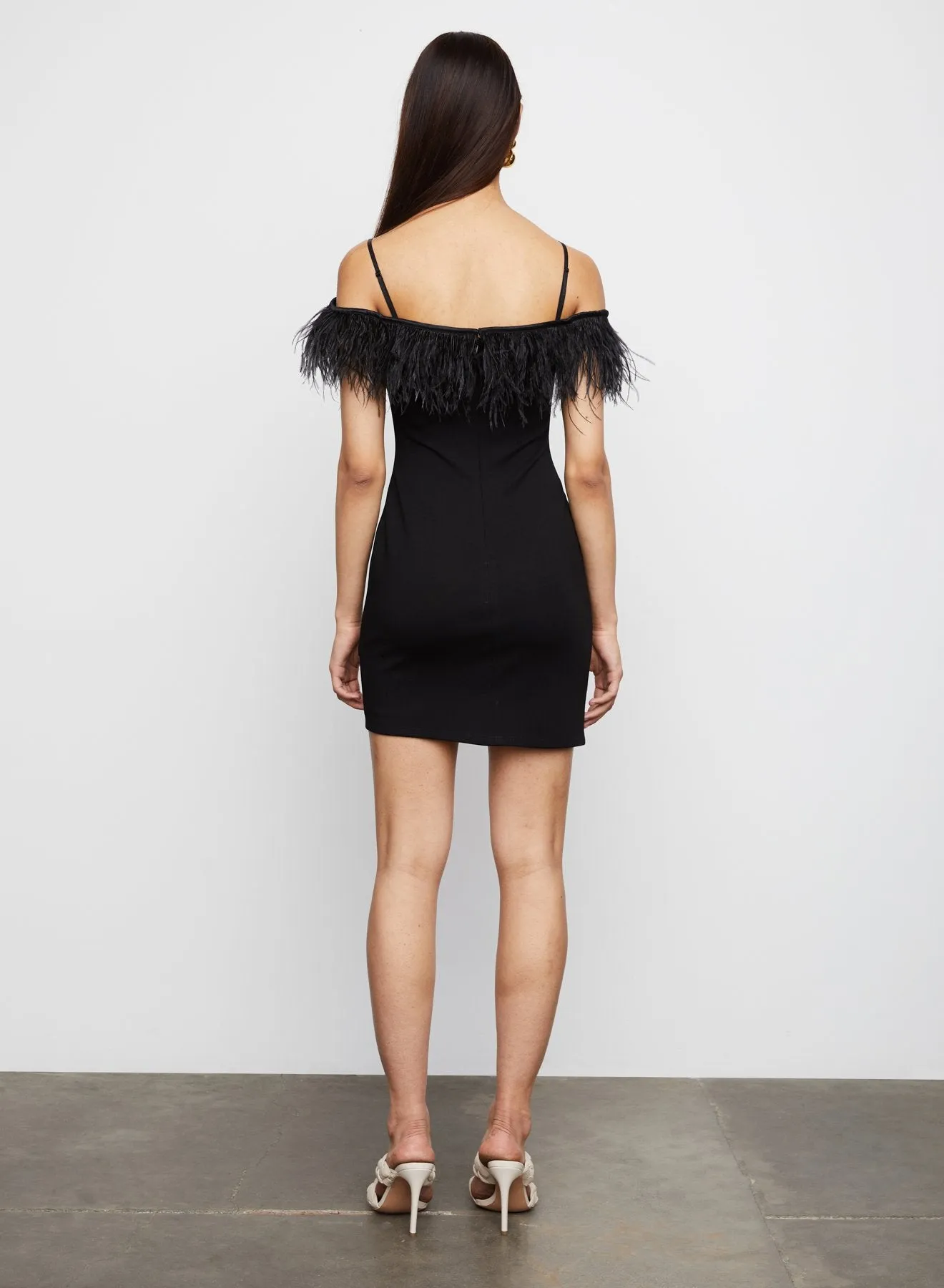 Morgan Body Con Feather Trim Dress in Black