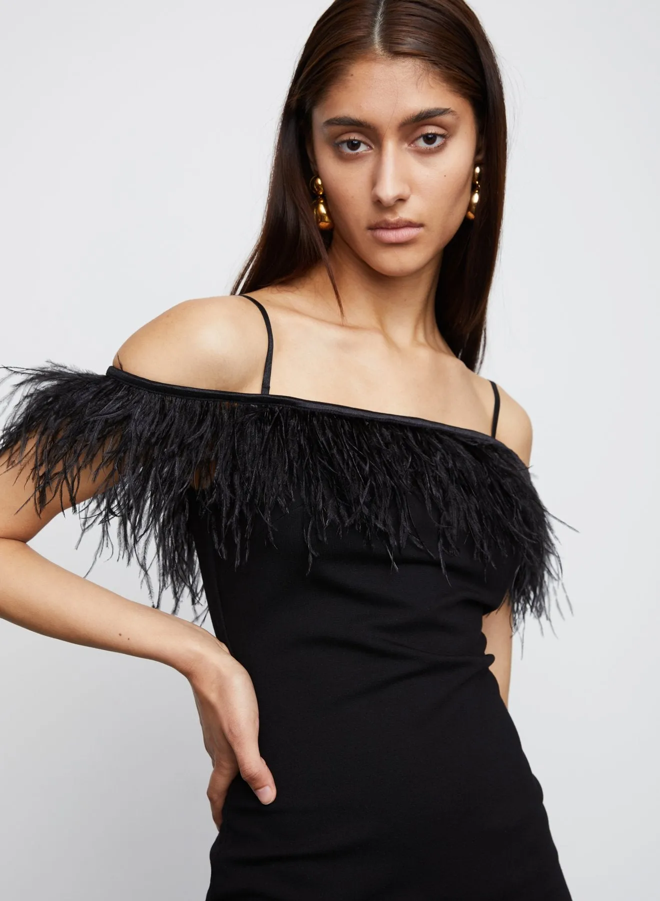 Morgan Body Con Feather Trim Dress in Black