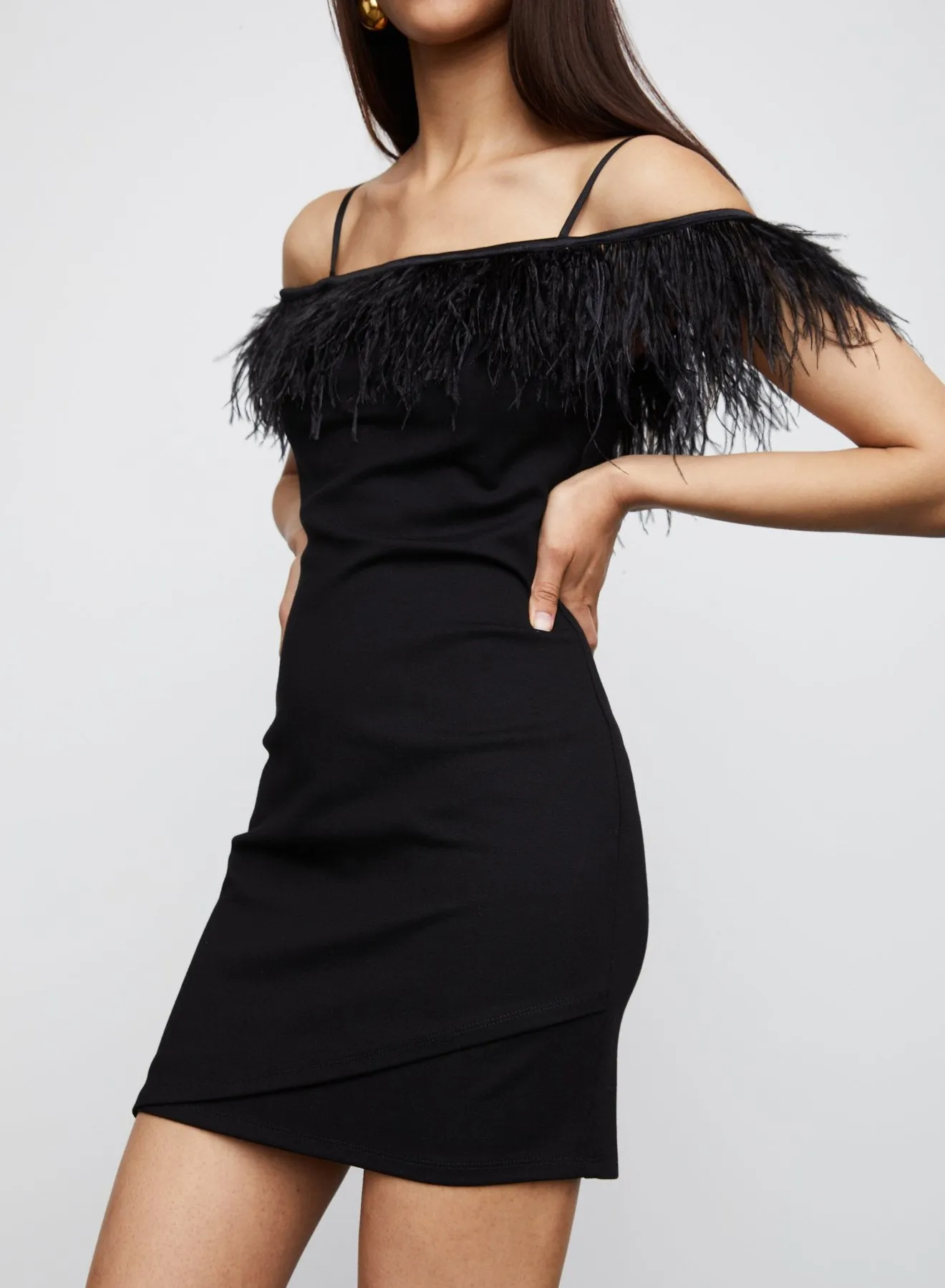 Morgan Body Con Feather Trim Dress in Black