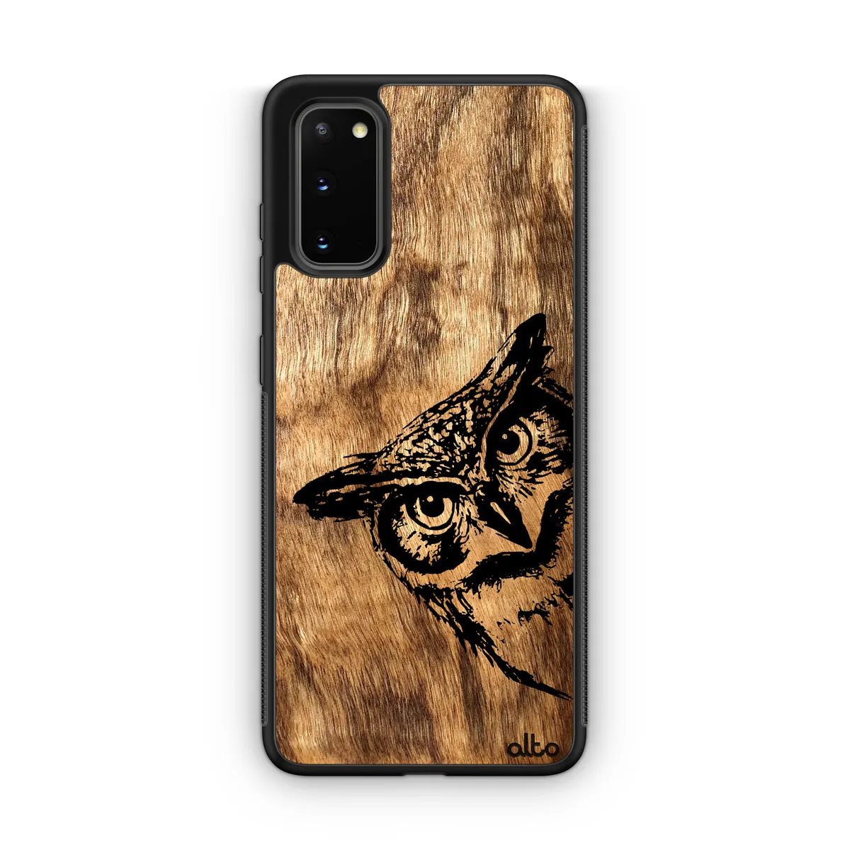 Samsung S22, S21, S20 FE Wooden Case - Owl Design | Olive Wood | Lightweight, Hand Crafted, Carved Phone Case